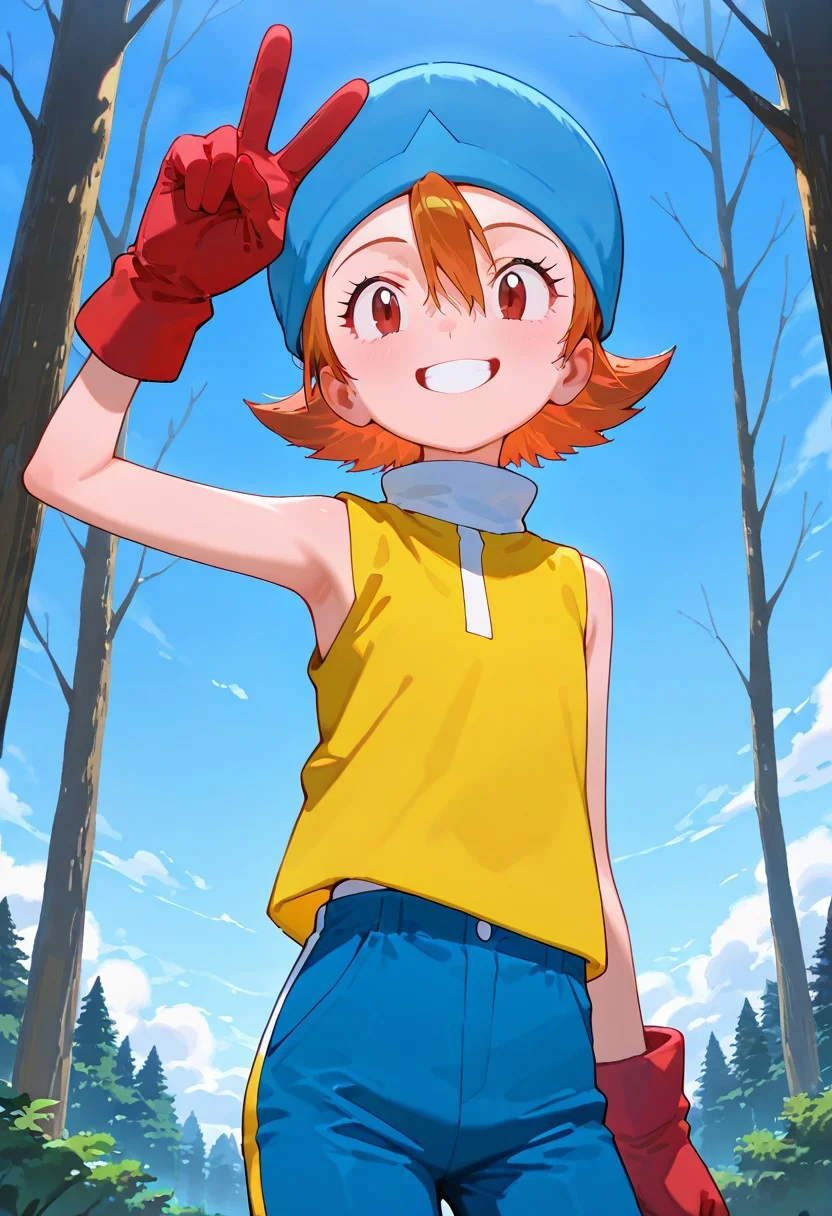masterpiece, best quality, newest, absurdres, highres,
cowboy shot, standing up, looking at viewer,
1girl, solo, ((Sora Takenouchi)) \(Digimon Adventure\),
blue headwear, orange hair, brown eyes, short hair, hair between eyes, yellow t-shirt, sleeveless, high collar, red gloves, blue pants, white turtleneck, white zipper, brown skin, close-up on face, smile, white teeth, v-sign, forest, blue sky,