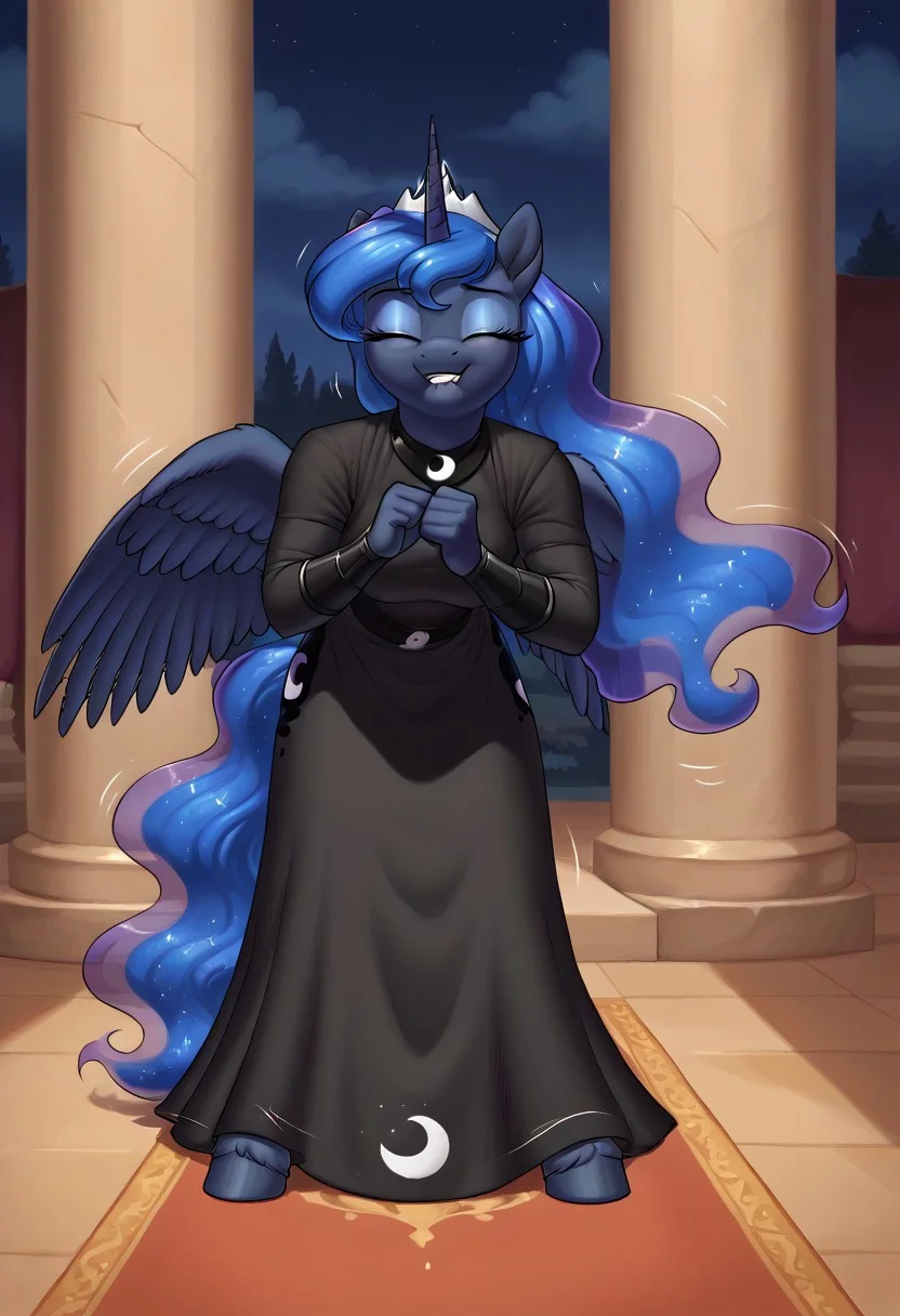 score_9, score_8_up, score_7_up, (detailed textures, digital artwork), ((night, palace, throne, carpet, meesh style)), (((easynegative, full body, solo))), (blue-black fur, female, anthro pony, Princess Luna_(mlp):1.00), ((long hair, bangs)), ((wings, unicorn, horn, pony hooves, snout, tail, ears, closed eyes, eyelashes)), ((black princess outfit, silver tiara:1.30)), ((biting lower lip, leaning forward, clenched hands, arms near hands, motion lines)),