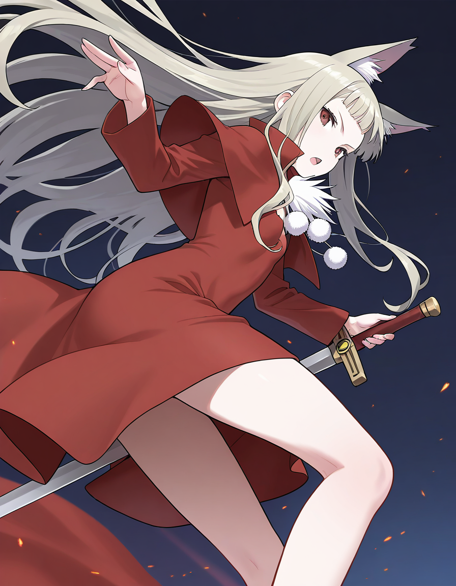masterpiece, best quality, good quality,  <lora:Belfraw_Martini_IS:1>Belfraw_Martini, 1girl, solo, silver hair, open mouth, animal ears, dress, red dress, pom pom (clothes), looking at viewer, weapon, long sleeves, sword, red eyes,