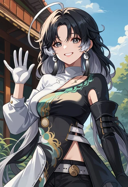 score_9, score_8_up, score_7_up, source_anime, 1girl, jianxindef, grey eyes, black hair, white hair, grey hair, multicolored hair, long hair, low twintails, ahoge, earrings, jewelry, yin yang, tassel, medium breasts, long sleeves, dress, chinese clothes, clothing cutout, white gloves, black gloves, asymmetrical gloves, white belt, black shorts, short shorts, bandages, single thighhigh, standing, smile, grin, looking at viewer, waving, outdoors, portrait, close-up, upper body, facing viewer, <lora:Jianxin_v1-000010:1>