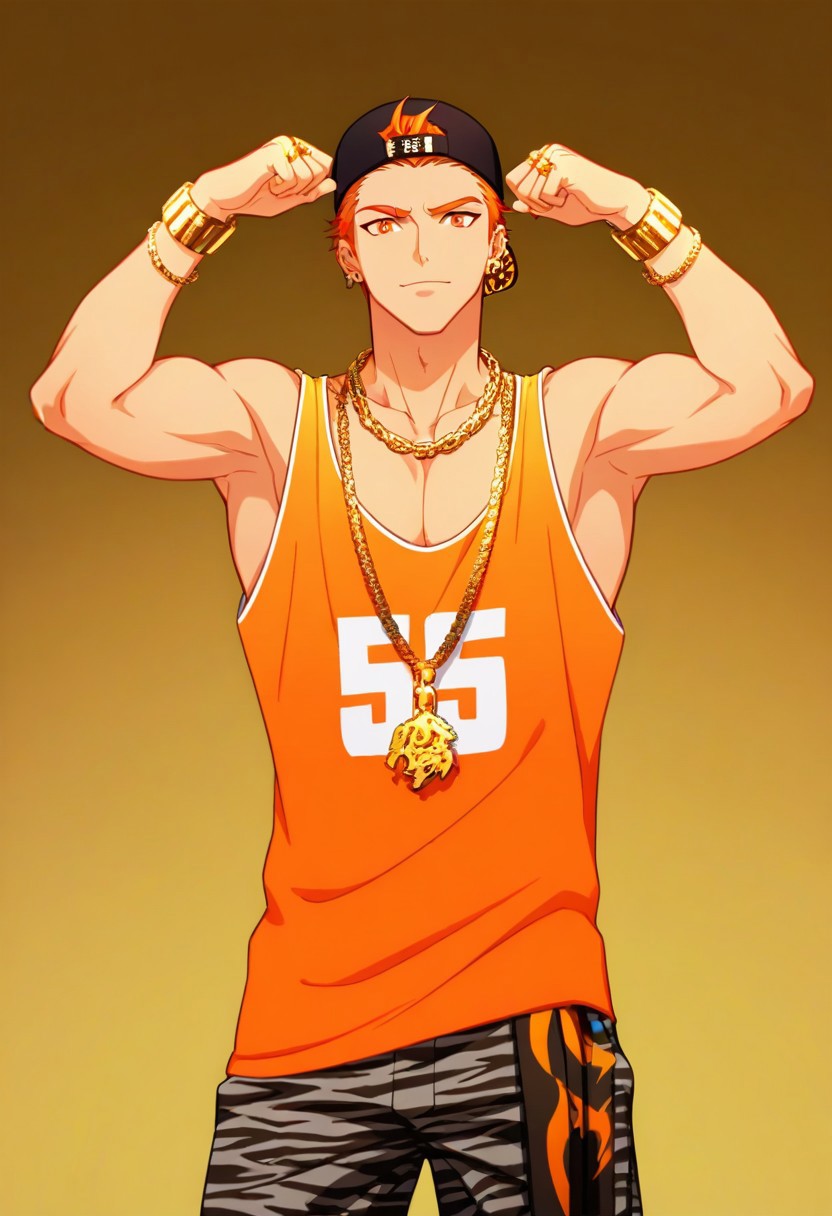 ((Animr)), ((1male only, 1male focus)), ((perfect anatomy, high quality, high resolution, perfect eyes)), ((exact look)), ((handsome, cute, attractive, good-looking)), ((1boy, 1male, solo male only, one male only)), ((single illustration only, single photo only)), Satsuki Ito, orange hair, backwards cap, orange eyes, ear piercings, gold necklaces, tiger necklace, orange basketball tank top number 55, gold bracelets, gold rings, hip handkerchief, tiger print shorts, ((cowboy shot, head to hips shot)), ((front view, facing front)), ((hip-hop dance pose)), ((tall body, tall height)), ((lean toned body))