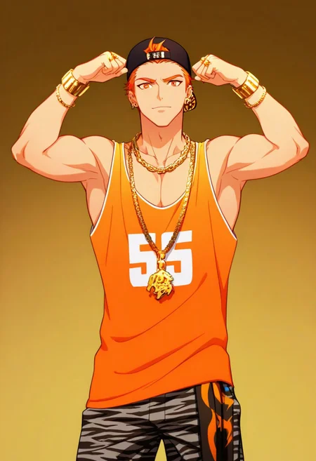 ((Animr)), ((1male only, 1male focus)), ((perfect anatomy, high quality, high resolution, perfect eyes)), ((exact look)), ((handsome, cute, attractive, good-looking)), ((1boy, 1male, solo male only, one male only)), ((single illustration only, single photo only)), Satsuki Ito, orange hair, backwards cap, orange eyes, ear piercings, gold necklaces, tiger necklace, orange basketball tank top number 55, gold bracelets, gold rings, hip handkerchief, tiger print shorts, ((cowboy shot, head to hips shot)), ((front view, facing front)), ((hip-hop dance pose)), ((tall body, tall height)), ((lean toned body))