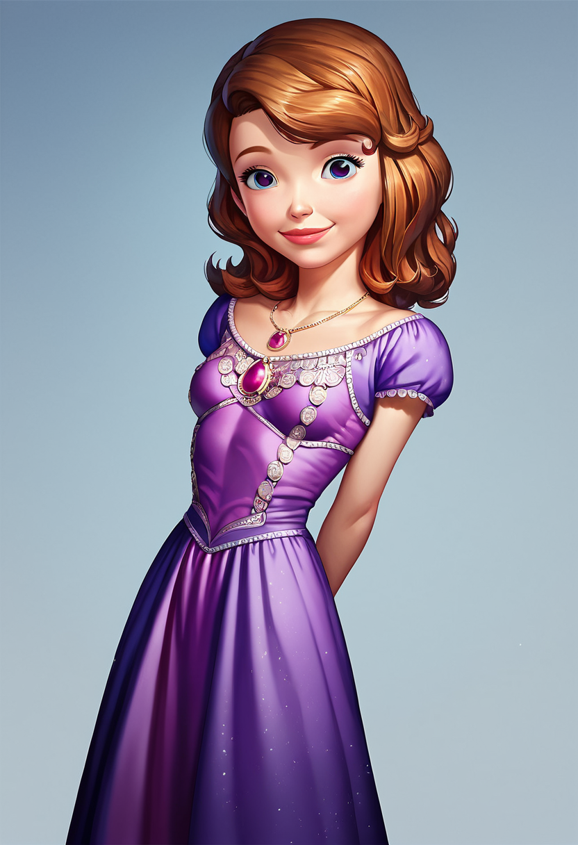 score_9, score_8_up, score_7_up, score_6_up, 1girl, solo, sofia_the_first, purple dress, necklace, detailed eyes, perfect eyes, beautiful eyes, standing, arms behind back, posing, light smile, simple background, dynamic angle, looking at viewer