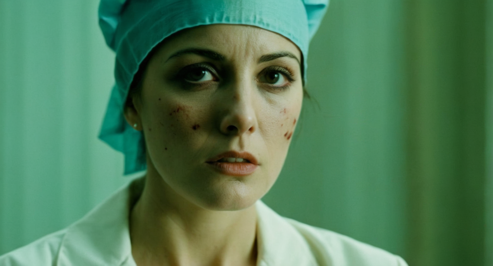 cinematic film still of  <lora:The Godfather Film Style:1.2>
a woman with a wound face and a surgical cap The Godfather Film Style , shallow depth of field, vignette, highly detailed, high budget, bokeh, cinemascope, moody, epic, gorgeous, film grain, grainy