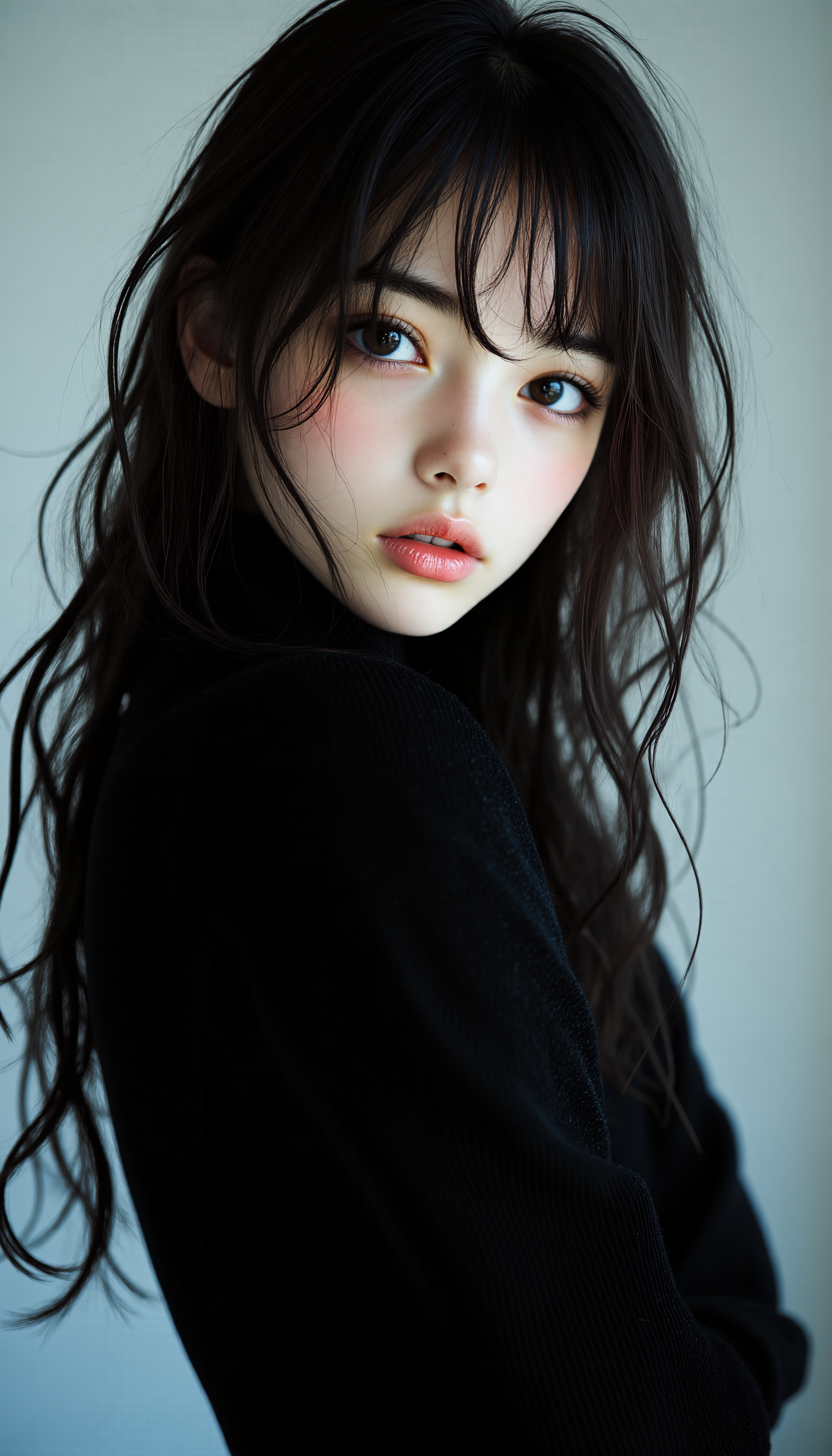 High fashion photography, Professional fashion shot, a supermodel, Japanese fashion model, [like a K-pop idol], beautiful face and eyes, rape face, futuristic black dress, feminine,
folded pose, (three quarter view:0), straight-on, (dutch angle:0.2),fullbody, facing away,
break the scene evokes a sense of isolation and otherworldly beauty, elegance, ethereal, symmetrical, cinematic, LUT, fine texture, cold tones, subdued colors, muted minimal, high contrast, subtle shadows, complex shading, chromatic aberration, anaglyph effect, iridescent, a Hasselblad X1D 50C with an X 80mm lens, settings approximating f/1.9 to f/4, ISO 50, taken by Helmut Newton and  Edward Weston, midjourney_whisper_innocent_eyes, <lora:midjourney_whisper_innocent_eyes_v01:1>,