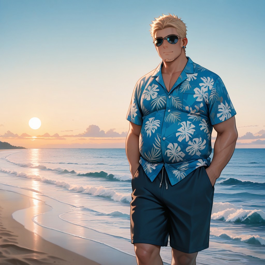 masterpiece, best quality, amazing quality, absurdres, newest, detailed background, definition so sharp, Ultra-HD, 8K cinematic, very awa, impressionate, amazing quality, highres, 
solo, male focus, manly, 
1boy, short hair, goatee, chubby, rikio_blonde, rikio_brown eyes, rikiokamamoto, sunglasses \(on face\), earrings, sideburns, shorts, Hawaiian shirt, beach, sunny, clear sky, blue ocean, relaxed, easygoing, cheerful, vacation, good vibes, walking, hands in pockets, carefree expression,