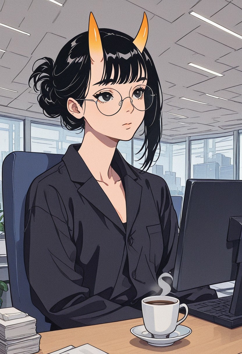 masterpiece, best quality, very aesthetic, detailed face, (dynamic:1.1), partial illumination, thick linework, 1 girl, oni horns, round glasses, black hair, uneven hair,  ssitting in an office, cup of coffee, tired look, tilted head
junji ito