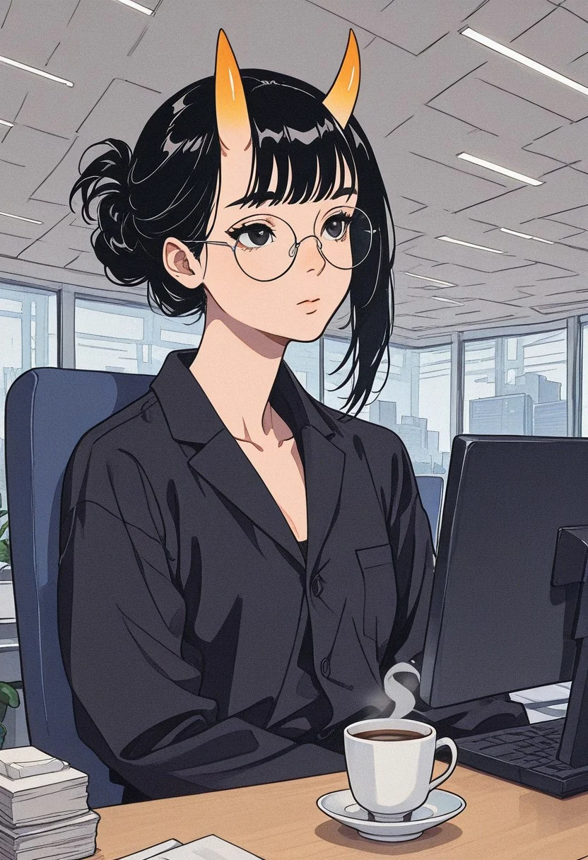 masterpiece, best quality, very aesthetic, detailed face, (dynamic:1.1), partial illumination, thick linework, 1 girl, oni horns, round glasses, black hair, uneven hair, ssitting in an office, cup of coffee, tired look, tilted head
junji ito