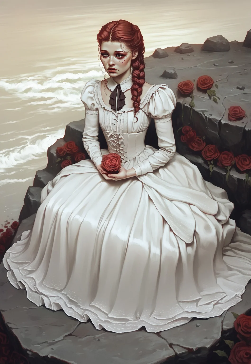 score_9, score_8_up, score_7_up, rating_safe, high quality,
highly detailed, intricate, intricate details,
highly detailed face, girl, (solo:1.3), adult woman, 35 years old, adult,
Victorian dress, laced boots, sitting on a large rock, sad face, looking longingly to the distance, (holding a red rose),
detailed background, dark ground, high cliffs, rocky terrain, dynamic angle, close up, looking out over the sea at sunset,