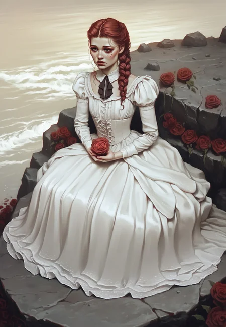 score_9, score_8_up, score_7_up, rating_safe, high quality,
highly detailed, intricate, intricate details,
highly detailed face, girl, (solo:1.3), adult woman, 35 years old, adult,
Victorian dress, laced boots, sitting on a large rock, sad face, looking longingly to the distance, (holding a red rose),
detailed background, dark ground, high cliffs, rocky terrain, dynamic angle, close up, looking out over the sea at sunset,