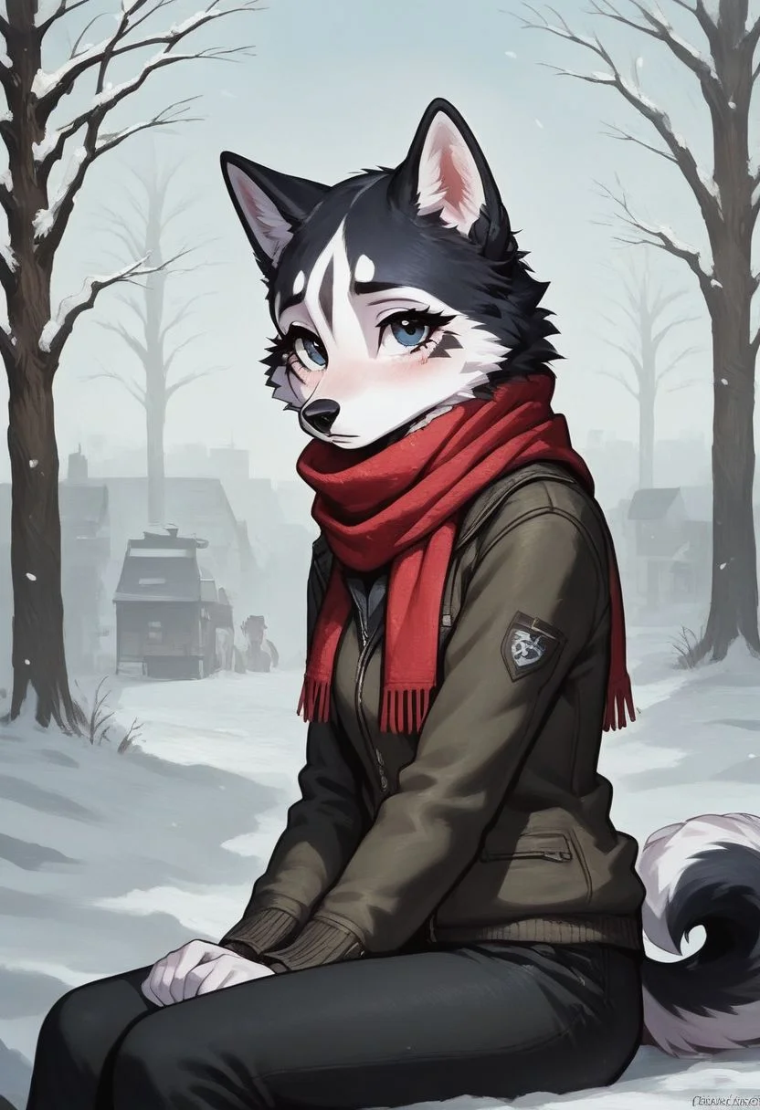 (easynegative 1) girl, dog, anthro, hands down, furry, husky, girl focus, solo, sitting, scarf, cute, side view, looking at viewer, sad face, , winter, day,