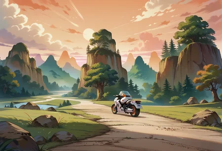 score_9, score_8_up, score_7_up,mount paozu, white motorcycle,no humans, tree, outdoors, science fiction, sky, cloud,wide shot, thin mountain, scenery, rock, dirt road, grass, cliff, orange sky, <lora:MountPaozuPony:1>