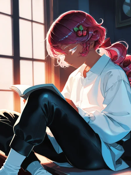 nagasawa tougo, lazypos, <lora:CRKMousseXL:1> CRK_Mousse, 1boy, long hair, streaked hair, low ponytail, <lora:cfg_scale_boost:0.5> white eyelashes, androgynous, dark skin, curly hair, medieval, volumetric lighting, solo, white shirt, black pants, indoors, reading, window, bored, windowsill, sitting, socks, raspberry hair ornament,