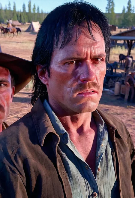 cinematic film still, lifestyle shot
saturated colors,  
negative space, 
1 adult man, 
RDR2John, black hair, brown eyes, facial hair
(breaking bad style), face of Jessie Pinkman, short hair, fair complexion, casual dress code, solo male focus
leading lines, ray tracing, 
backdrop is a cowboy camp in 1899, 10am.