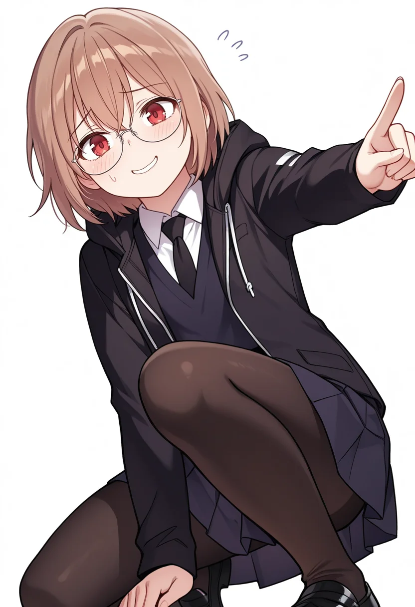 Smooth Quality,masterpiece,very intricate, high quality details, ultra realistic, high detailed skin,detailed enviorement,absurdres,
nervous, nervous smile, pointing forward,
<lora:Young-Joo_CNR:0.8> young_joo_cnr, 1girl, brown hair, short hair, red eyes, glasses, young_juniform_cnr, school uniform, black jacket, white shirt, collared shirt, black necktie,hoodie, pleated skirt,black pantyhose, black footwear,, simple background, white background, from below,solo,