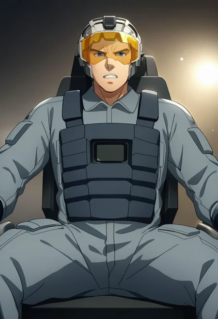 source_9, source_8_up, source_7_up, (solo male:1.5), male focus, bara, anime style, Lewis Smith, blond hair, short hair, blue eyes, grey pilot jumpsuit, gray pilot jumpsuit, grey sleeves, black boots, helmet, yellow visor, (eyes begind visor), bulletproof vest, cinematic still, emotional, harmonious, vignette, bokeh, cinemascope, moody, epic, gorgeous, film grain, grainy, mature male, sitting in the cockpit of a huge industrial mecha, operator's seat, (gundamwingcockpit), spread arms, 2 hands holding throttle, joystick, seatbelt, spread legs, intense eyes, smaller eyes, v-shaped eyebrows, clench teeth, serious, mad, fatigue, masculine, manly, handsome, passionate, excessive sweat, motion, effect lines, science_fiction, looking outside, lighting effect, VFX, highly detailed, ultra detailed, cinematic, dramatic, masterpiece, best quality, dutch angle,