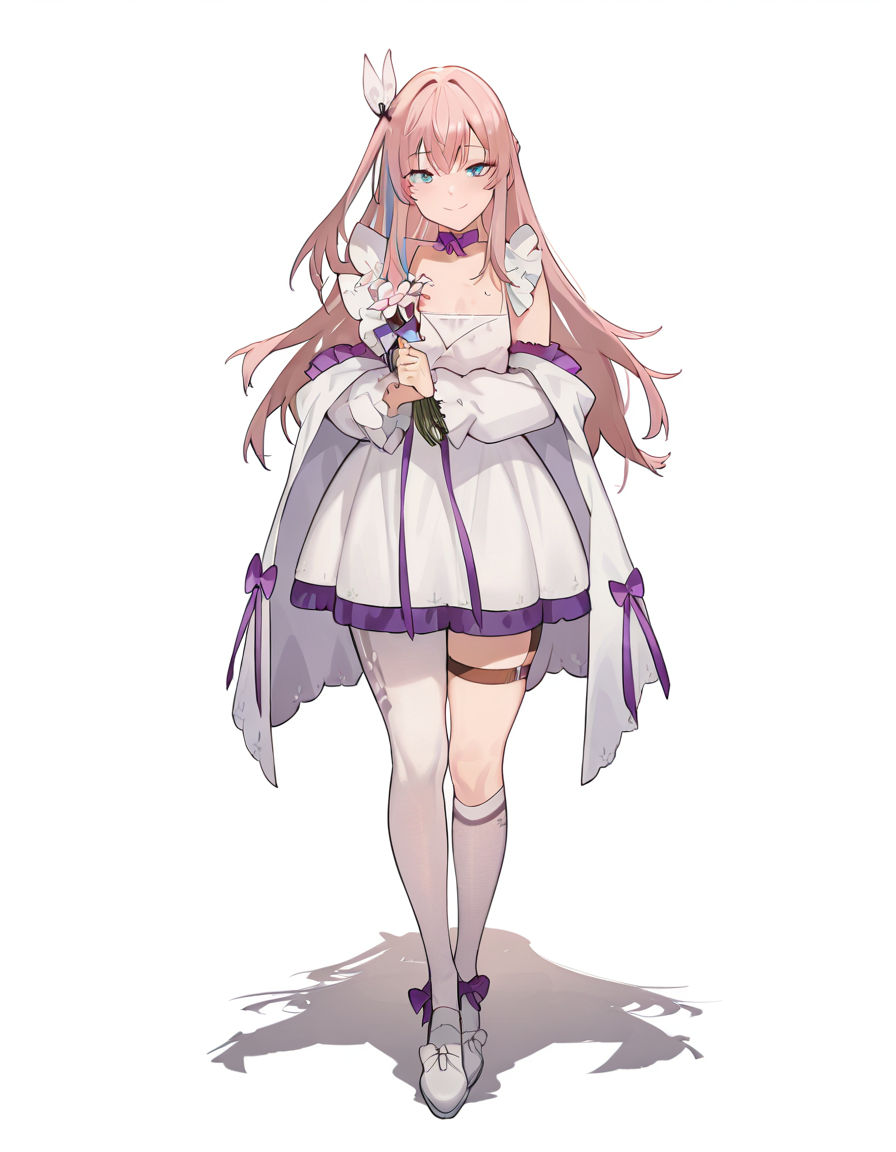 Volumetric Lighting, (masterpiece), (best quality), (ultra-detailed), masterpiece, source_anime, score_9, score_8_up, score_7_up BREAK, illustration, disheveled hair, detailed eyes, perfect composition, moist skin, intricate details BREAK, pink hair, blue eyes, long hair, one side up,streaked hair, small breast BREAK, TopHatDriftingToFlower, THDF_dress, THDF_detached_sleeves, THDF_dress_flower, mismatched legwear, THDF_single_thighhigh, THDF_thigh_strap, THDF_shoes, white footwear, shoes ribbon BREAK, ((white background)), looking at viewer,smile, fullbody, standing, shadow, front view, flower, holding flower, closed mouth