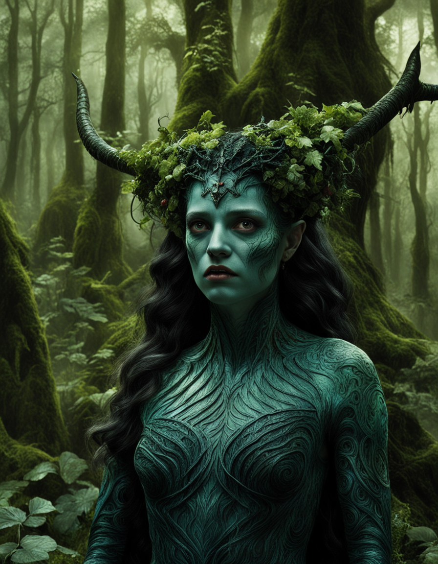 cinematic still, filmed by Guillermo del Toro, Amidst a deep dark forest, an enigmatic being appears--an amalgamation of flora and fauna, with vines for hair, eyes gleaming like embers, and skin adorned with iridescent scales 