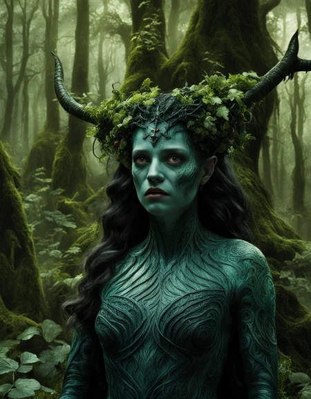 cinematic still, filmed by Guillermo del Toro, Amidst a deep dark forest, an enigmatic being appears--an amalgamation of flora and fauna, with vines for hair, eyes gleaming like embers, and skin adorned with iridescent scales