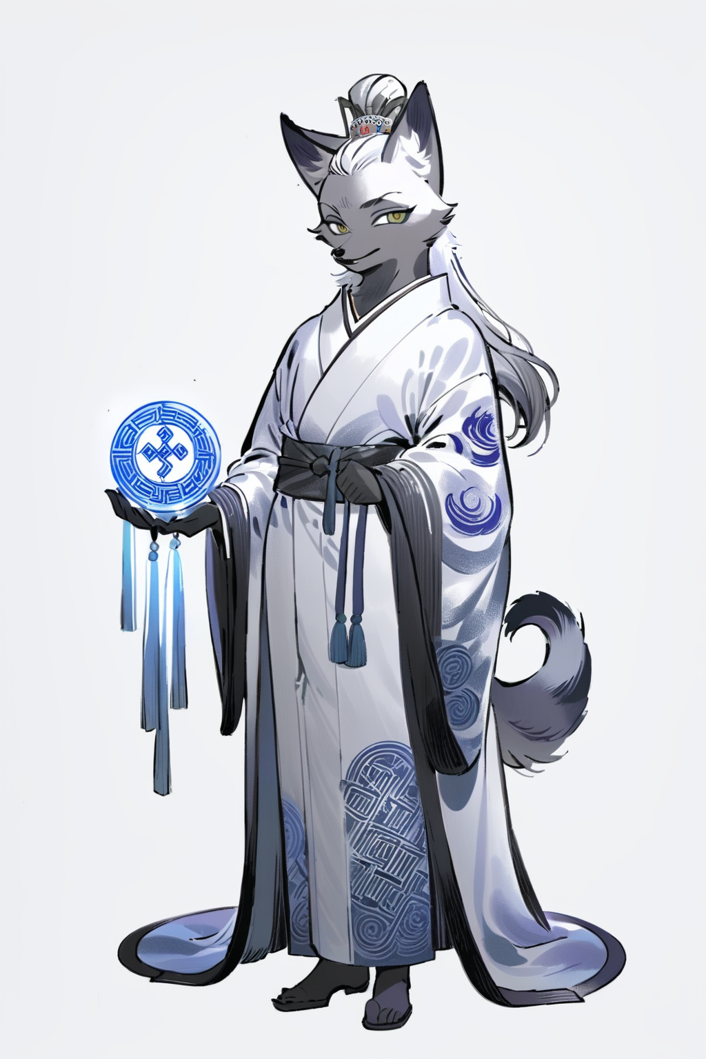 (((masterpiece))),(((best quality))),((ultra-detailed)), solo,ani,
A silver fox holding an antique jade seal, adorned in a silver brocade robe, the seal engraved with mysterious runes, emanating an ancient aura.
white background, full body,Role concept design, <lora:InkAni-000010:0.8>