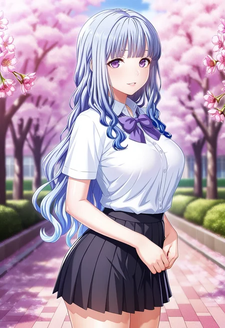 masterpiece, best quality, amazing quality,persephone, purple eyes, blue hair, long hair, 1girl, solo,breasts,school uniform,pleated skirt,white shirt, black skirt, purple bow,short sleeves, parted lips, light smile, standing, looking at viewer, cowboy shot, blurry background, outdoors, school, cherry blossoms<lora:persephoneV1:0.8>