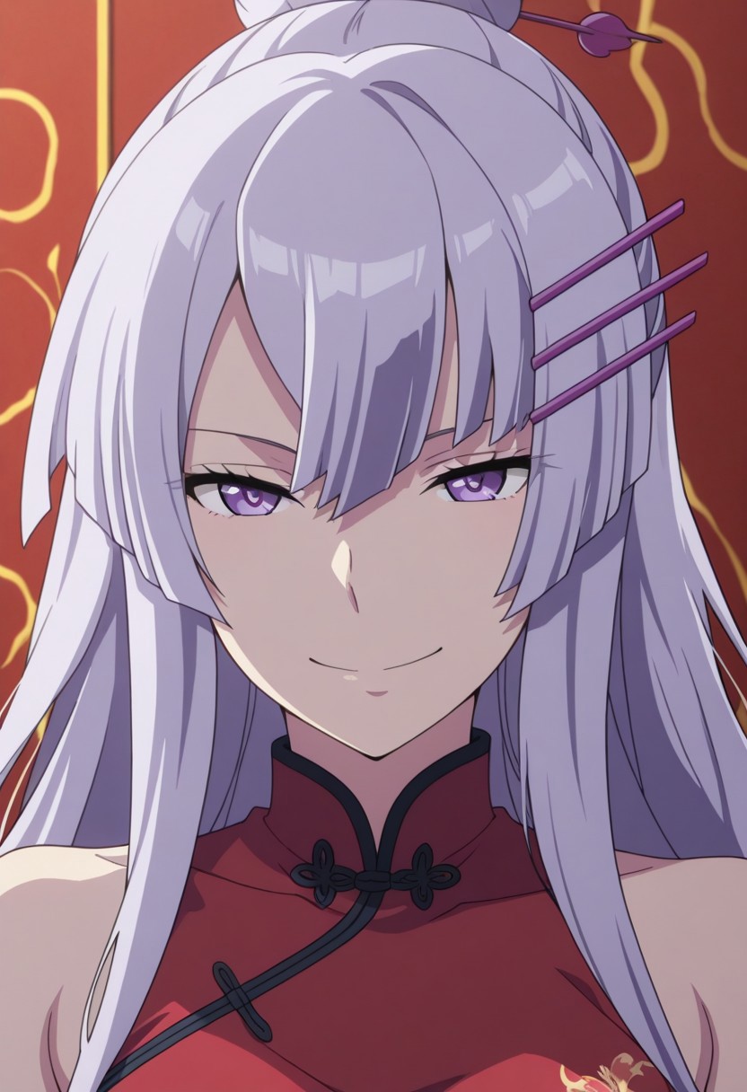masterpiece,best quality,amazing quality, source_anime, 
Froleytia, 1girl, solo, purple eyes, purple hair, long hair, hair ornament, single hair bun, hair stick, chinese clothes, red dress, bare shoulders, smile, portrait,
indoor,