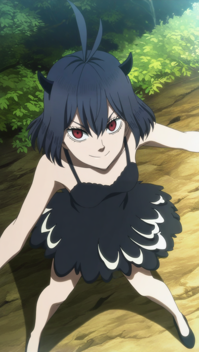 source_anime, masterpiece, best quality, amazing quality, anime screencap, high quality, 8k, absurdres, official style, 1girl, solo, looking at viewer, smile, standing, <lora:Secre_Swallowtail_iL:1>, s3cr3 sw4ll0t41l, short hair, black hair, red eyes, hair between eyes, demon horns, horns, black dress outfit, dress, black dress, shoes, black footwear,