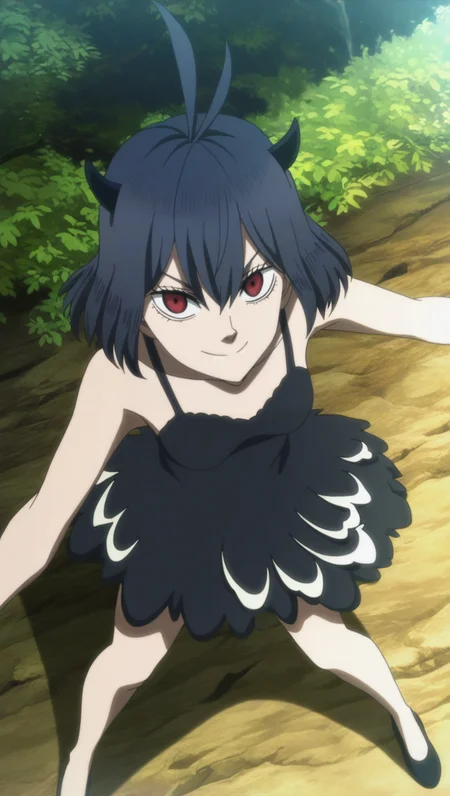 source_anime, masterpiece, best quality, amazing quality, anime screencap, high quality, 8k, absurdres, official style, 1girl, solo, looking at viewer, smile, standing, <lora:Secre_Swallowtail_iL:1>, s3cr3 sw4ll0t41l, short hair, black hair, red eyes, hair between eyes, demon horns, horns, black dress outfit, dress, black dress, shoes, black footwear,