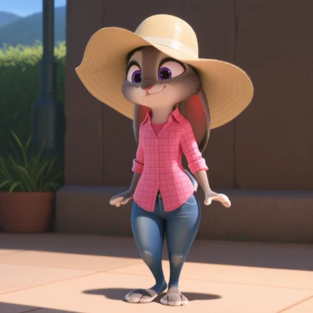 masterpiece, best quality, amazing quality, ZTJudyHppsIL, anthro, female-rabbit, grey fur, purple eyes, pink flannel shirt, light pink undershirt, blue jeans, sun hat, ears down, standing, outside, smile, closed mouth , full body, <lora:8efa8aef-f264-4198-99a3-7fced21f5bf7:1.0>