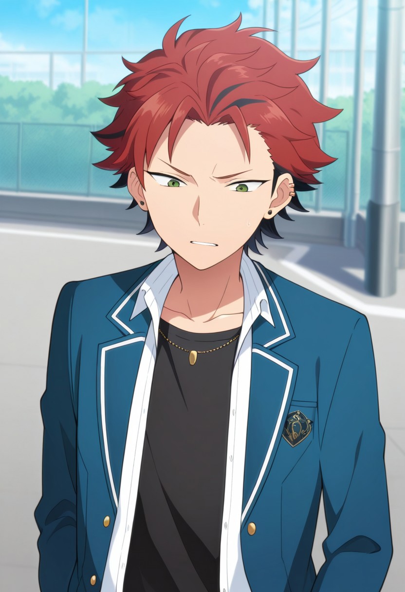 masterpiece,best quality,amazing quality, source_anime, 
kuroooky, 1boy, male focus, solo, green eyes, red hair, multicolored hair, jewelry, earrings, ear piercing, necklace, school uniform, black undershirt, white shirt, collared shirt, open shirt, jacket, blazer, blue jacket, open jacket,
outdoor,