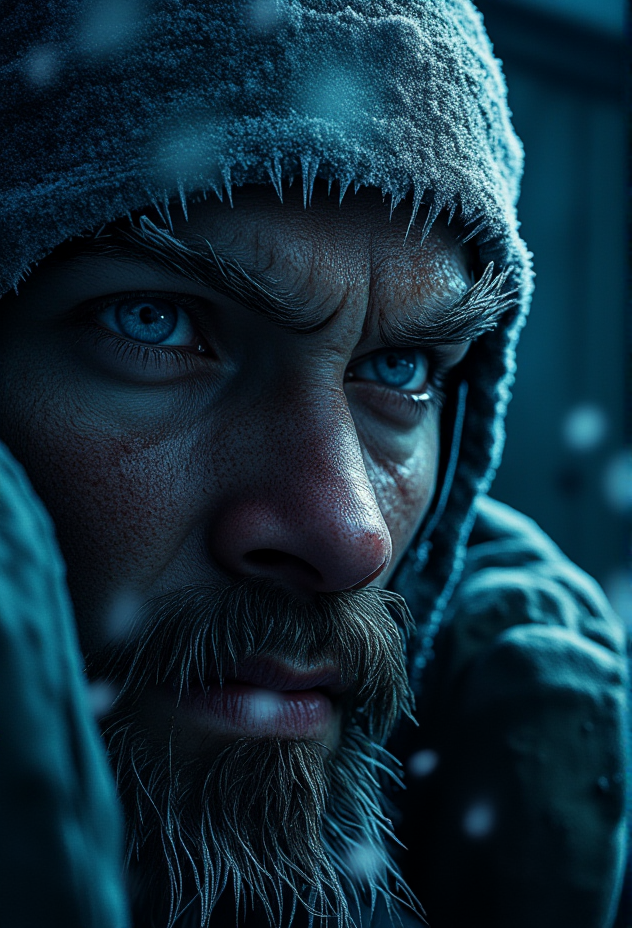 A close-up of a frost-covered, weary face, intense and hardened, under dramatic, moody lighting, snowflakes resting on the skin, cinematic focus on facial texture and detail, cold, blue-toned lighting, with a steam-punk industrial background . bv-fropunsty<lora:bv-frostpunk-style-v1.safetensors:1.0:1.0>