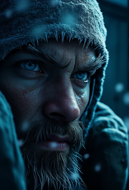 A close-up of a frost-covered, weary face, intense and hardened, under dramatic, moody lighting, snowflakes resting on the skin, cinematic focus on facial texture and detail, cold, blue-toned lighting, with a steam-punk industrial background . bv-fropunsty<lora:bv-frostpunk-style-v1.safetensors:1.0:1.0>