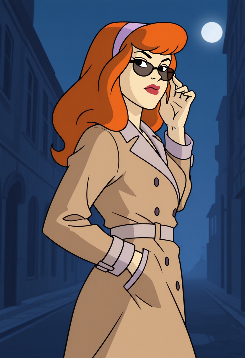 <lora:dmd2fast_sdxl_4step_lora_fp16:0.8> parody, <lora:Daphne_WNSD_Illus:1> daphne_blake_wnsd, 1girl, solo, parody, lipstick, hairband, long hair, orange hair, brown trench coat, sunglasses, looking over eyewear,  adjusting eyewear,  facing viewer, walking, hands in pockets, (looking back:1.1), street, night, fog, darkness, dim lighting, moon, cowboy shot, serious