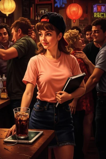 jati1 painting
The air buzzes with the energy of a busy bar, a mix of music, conversation, and the clinking of glasses. A barmaid, the embodiment of youthful vibrancy, navigates the lively scene. She wears a peach-coloured T-shirt, the soft fabric contrasting with the smooth, cold glass of coke she carries on a small tablet. Her short skirt adds a playful touch, and a backwards baseball cap hints at a carefree attitude. The setting and atmosphere are palpable: the warm, slightly sticky surface of the bar counter under her fingertips, the dim, colourful lighting that casts playful shadows. Sensory details are abundant: the condensation forming on the glass of coke, the texture of her denim skirt, and the way the bar lights catch the highlights in her hair. Her confident stride, her quick smile, and her efficient movements. Stylistically, the image draws inspiration from the vibrant, candid shots of nightlife photographers, with a touch of the stylized realism found in contemporary illustration. There's a deliberate contrast between the barmaid's youthful energy and the slightly worn, lived-in atmosphere of the bar, creating a dynamic and engaging image.
<lora:jati1_cap_d6a3:1.0><lora:817319288730852333:0>