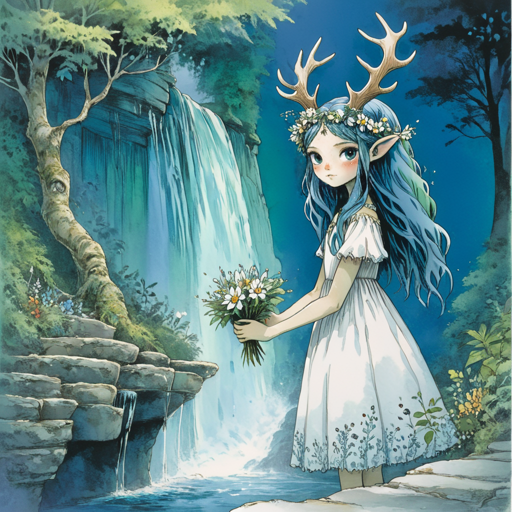 <lora:DarkGhibliMJ7SDXL:1> Studio Ghibli Dark Fairytale, The image is an illustration of a young girl standing in a forest. She is wearing a white dress and a flower crown on her head. The girl is holding a small bouquet of flowers in her hand and is looking at a large creature with a large head that has a black eye and long pointed ears. The creature appears to be a creature with sharp teeth and sharp claws. It is standing on a stone platform in the middle of the forest surrounded by trees and bushes. The background is a deep blue-green color and there is a waterfall cascading down from the top of the image. The overall mood of the illustration is peaceful and serene., 1girl, flower, head wreath, dress, blue hair, long hair, holding, standing, from side, antlers