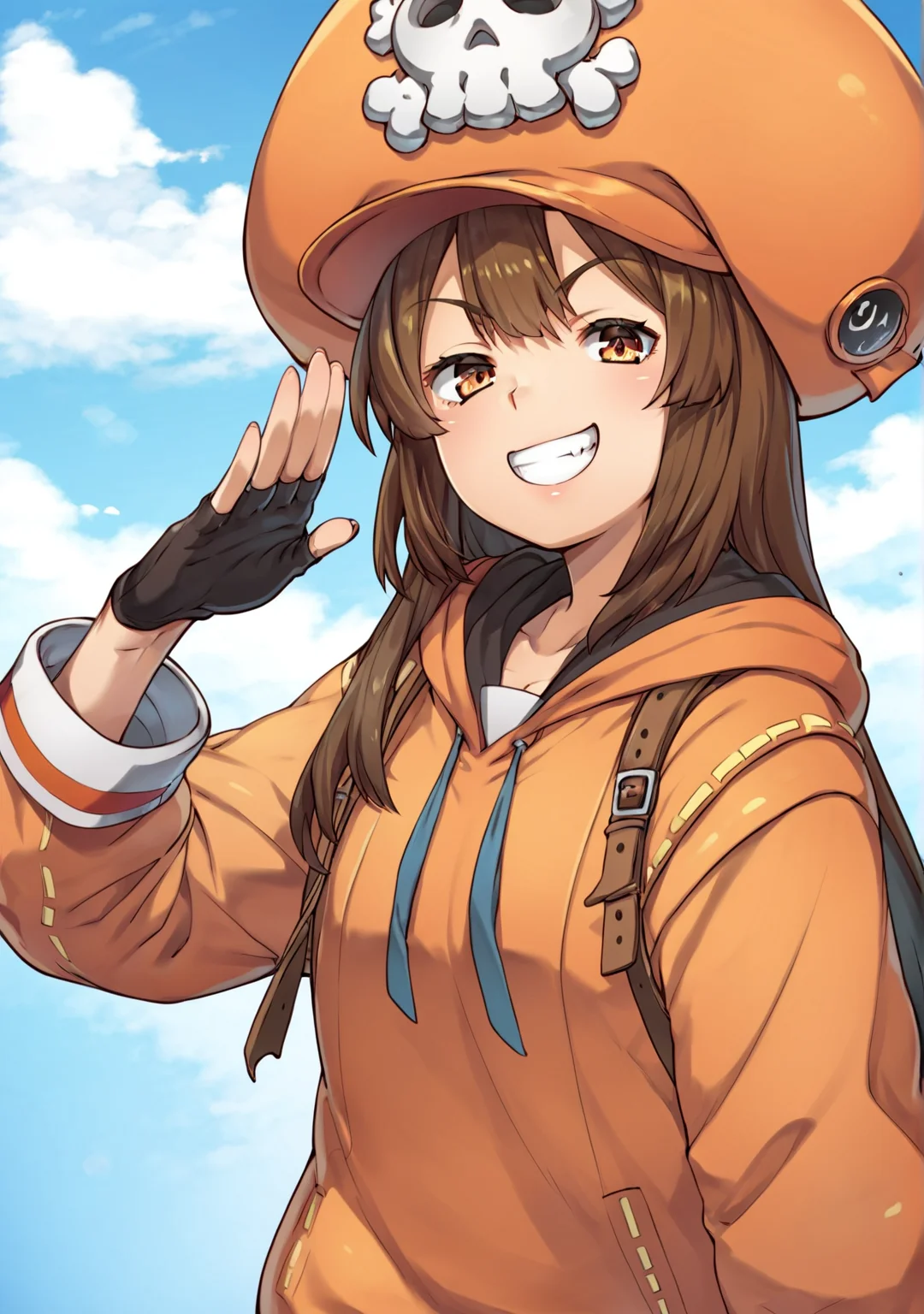 score_8_up, score_7_up, score_6_up, score_5_up, score_4_up, anime screenshot,
 <lora:May Guilty Gear  (Autism SDXL)-000009:0.8> 1girl, may (guilty gear), skull and crossbones, orange hat, long hair, brown eyes, black gloves, orange hoodie, 
upper body, looking at viewer, salute, grin, half-closed eyes,