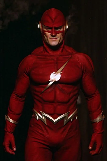 cinematic film still of Cinematic Film Footage
Flash90s
<lora:Cinematic Film:1>
whole body photo ofthe flash, handsome face, masked john wesley shipp, smiling, , wearing the flash red suit, thunder logo on chest, muscle suit, red lycra pants, red boots, smoky lightning portals background, shallow depth of field, vignette, highly detailed, high budget, bokeh, cinemascope, moody, epic, gorgeous, film grain, grainy, detailed face