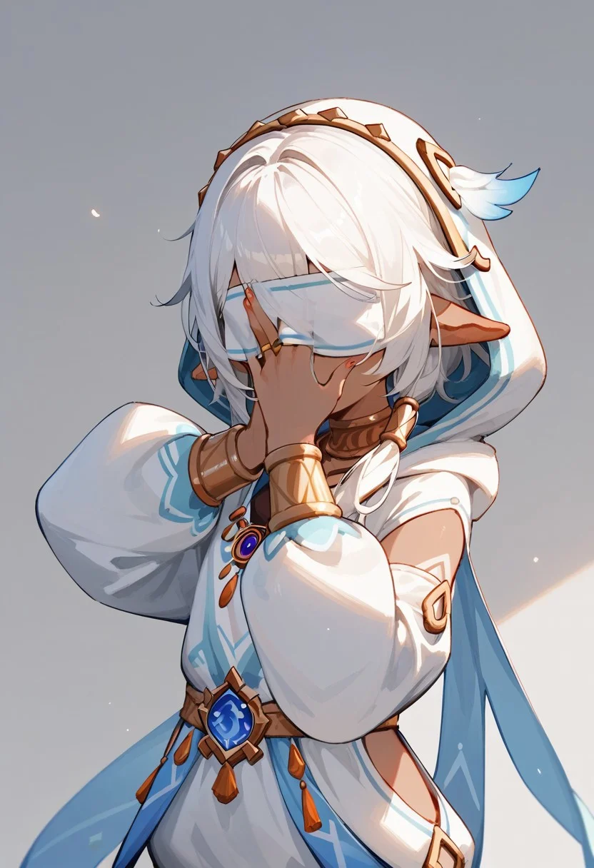 (score_9,score_8_up,score_7_up),1girl, short, dwarf,dark tan skin, white hair, hair covering eyes, elf, white hooded jumpsuit, baggy Arabian outfit, peacock themed, Genshin_Iansan