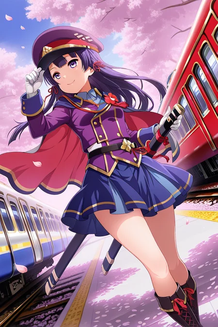 masterpiece, best quality, amazing quality,
<lora:Tamao_IL:1> tamao, 1girl, gloves, solo, skirt, long hair, white gloves, smile, hat, cape, cherry blossoms, boots, outdoors, petals, sword, train, long sleeves, weapon, purple jacket, sheath, blue skirt, closed mouth, day, jacket, shirt, dutch angle