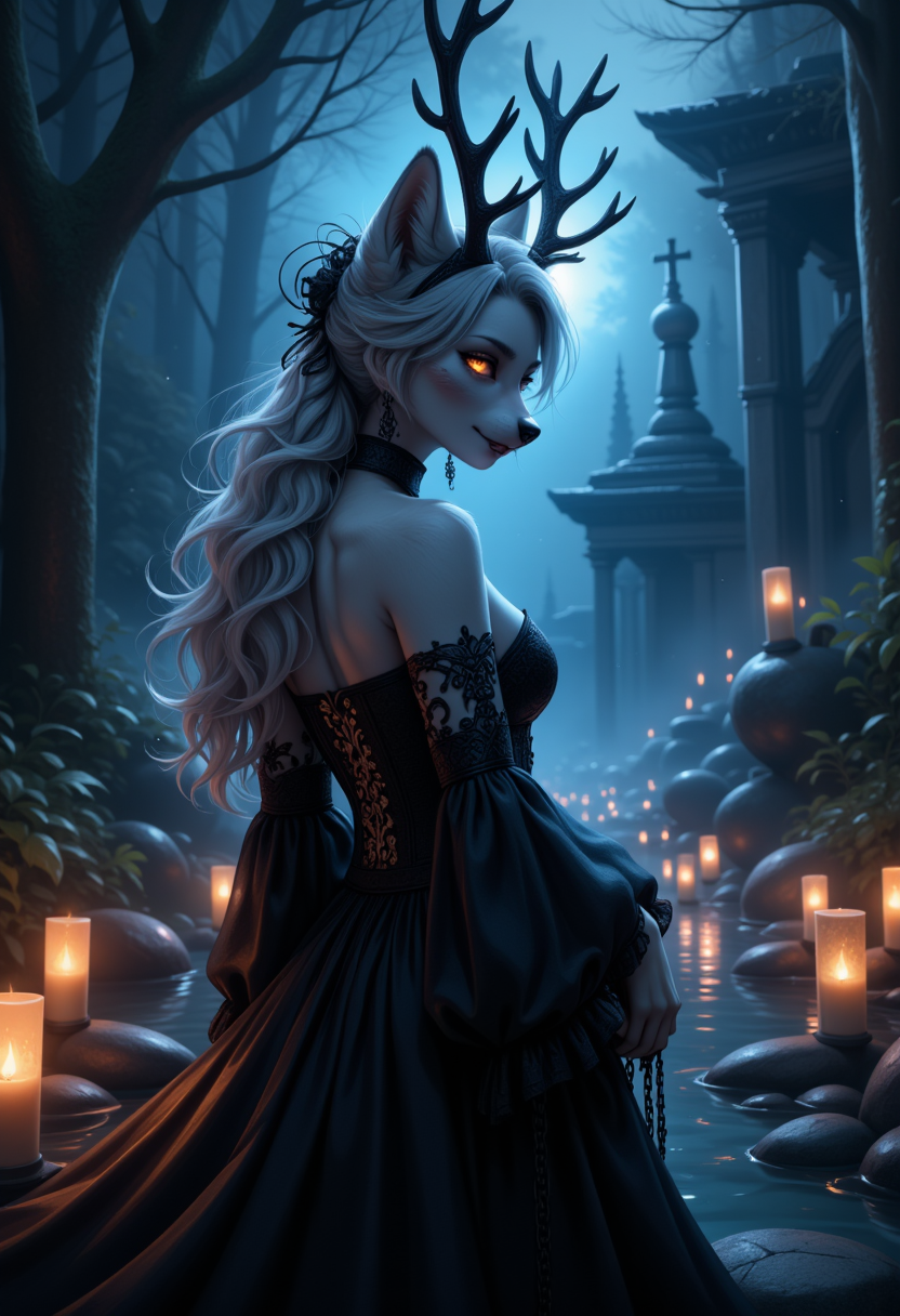 FurFemX. The image is a hauntingly beautiful digital artwork in a hyper-realistic, semi-realistic style, depicting a two toned fox woman wandering through an eerie, spectral underworld. Her sleek fur is a striking mix of ashen white and deep obsidian, creating a ghostly glow under the pale blue light of countless floating soul lanterns. She wears a tattered black gown that clings to her form like a living shadow, its fabric dissolving into curling tendrils of darkness as she moves. Wisps of spectral energy coil around her clawed fingers, flickering like dying embers. Her luminous silver eyes, lined with smudged kohl, reflect the endless void stretching before herâa vast, mirror-like black sea, rippling with the reflections of wandering spirits. From her elegant antler-like horns hang small iron chains, each suspending a dimly flickering candle, casting eerie, dancing shadows across her solemn face. The distant, crumbling ruins of an ancient temple rise from the misty abyss, etched with forgotten runes that pulse faintly, as if whispering secrets from the afterlife. The only sounds are the hushed murmurs of the lost, and the gentle ripple of unseen footsteps moving through the endless night.