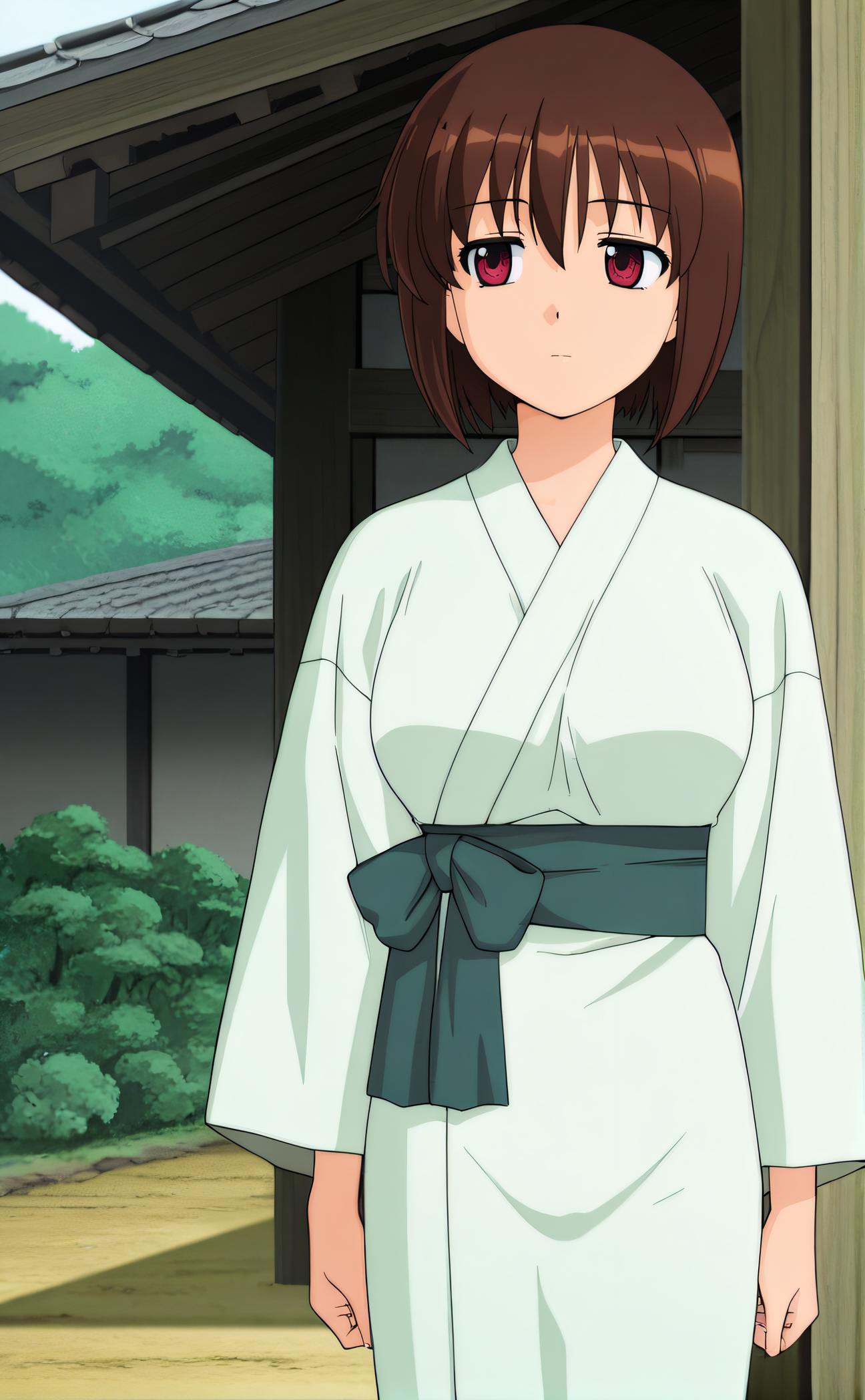 masterpiece, best quality, highres, newest, 1girl, solo, official style, anime screencap, <lora:IL_Saki:1>, saki, brown hair, red eyes, light green kimono, green sash, expressionless, cowboy shot, looking at side, outdoor, scenery
