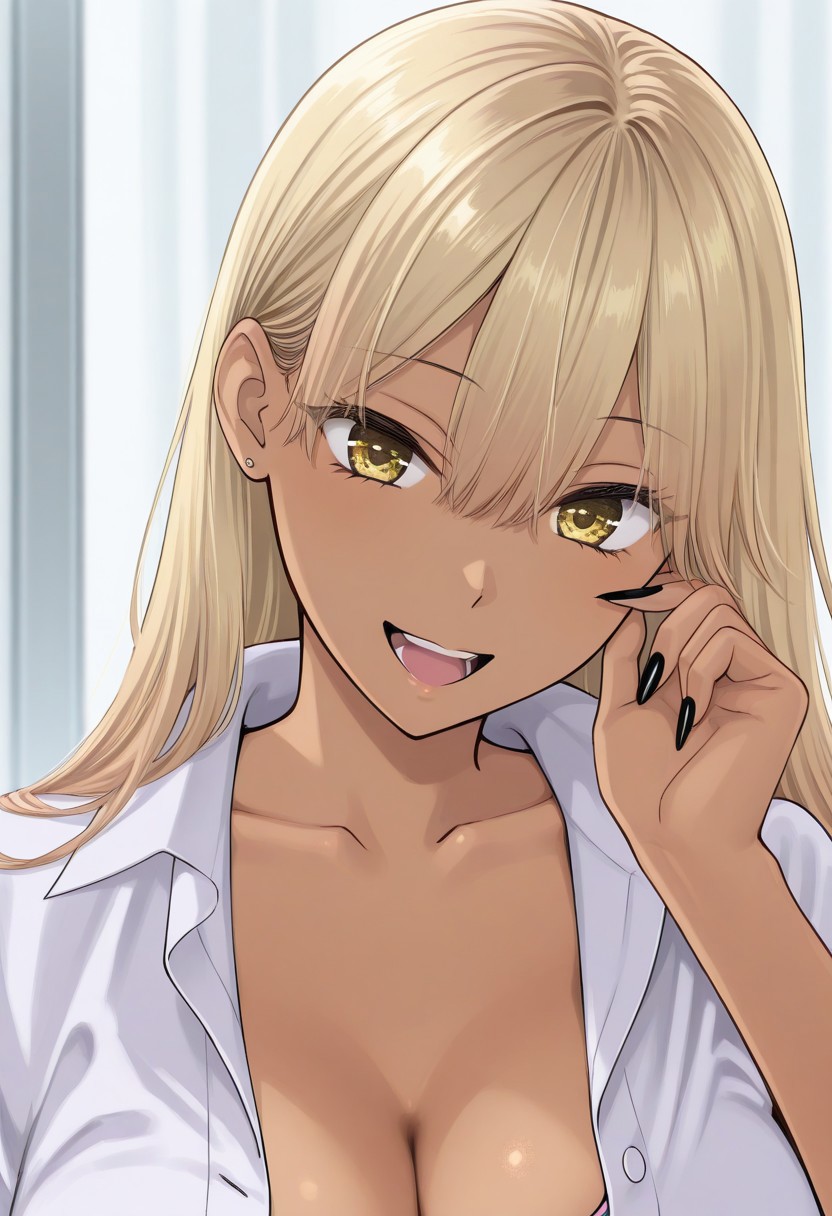 score_9, score_8_up, score_7_up, source_anime,(extremely detailed CG), (best quality),
1girl, solo, looking at viewer, shirt, smile, open mouth, fingernails, long hair, open clothes, dark skin, dark-skinned female, gyaru, collarbone, long fingernails, bangs, collared shirt, tsubasa