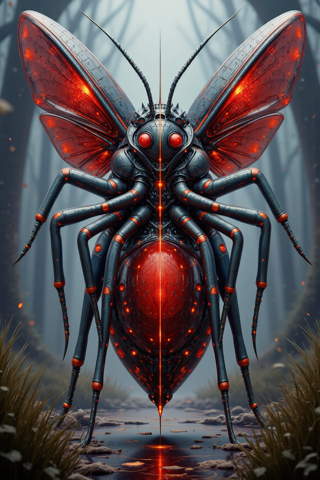 YFG-Ge0m, Boris Vallejo style, Frank Frazetta style, 8k high quality digital painting, masterpiece, very detailed, ultra realistic, (best quality) very detailed epic masterpiece, detailed face, full body, field of depth, A hyper-realistic, futuristic digital masterpiece featuring an intricately detailed mosquito as the central figure. The mosquito is rendered with glowing fiery red, with metallic textures and cyberpunk-inspired elements. Horrifying presence, Surrounding it is a dynamic digital background of abstract geometric shapes and digital glitch effects that evoke a sense of otherworldly energy and modern digital artistry. The overall style is vivid, imaginative, and edgy, swamp, dangerously frightening, scary scene, action, scary, best quality, epic scene, Dungeons and dragons atmosphere, heroic fantasy, realistic, realism, full body.