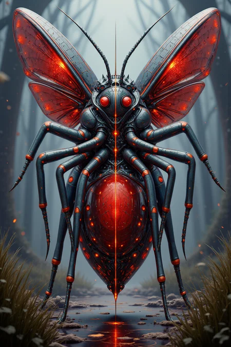 YFG-Ge0m, Boris Vallejo style, Frank Frazetta style, 8k high quality digital painting, masterpiece, very detailed, ultra realistic, (best quality) very detailed epic masterpiece, detailed face, full body, field of depth, A hyper-realistic, futuristic digital masterpiece featuring an intricately detailed mosquito as the central figure. The mosquito is rendered with glowing fiery red, with metallic textures and cyberpunk-inspired elements. Horrifying presence, Surrounding it is a dynamic digital background of abstract geometric shapes and digital glitch effects that evoke a sense of otherworldly energy and modern digital artistry. The overall style is vivid, imaginative, and edgy, swamp, dangerously frightening, scary scene, action, scary, best quality, epic scene, Dungeons and dragons atmosphere, heroic fantasy, realistic, realism, full body.