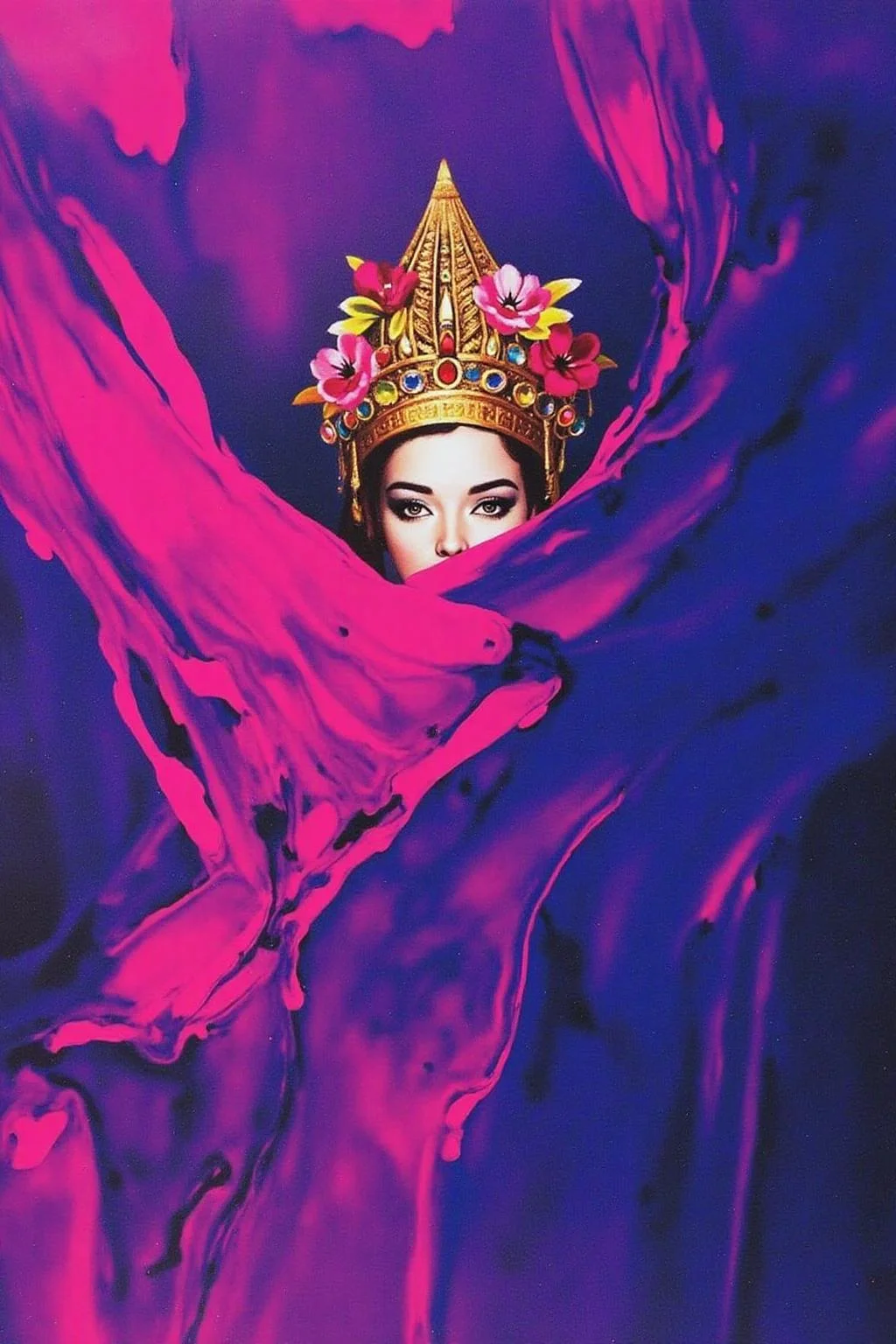 chenu1 illustration.
A surreal and dramatic painting featuring a mysterious figure partially concealed by flowing, abstract fabric in vibrant shades of magenta, purple, and deep blue. The figure wears an ornate, golden headdress adorned with intricate floral details and jewels, evoking a regal or divine presence. The fabric swirls dynamically around the subject, creating a sense of movement and mystery. The composition has a painterly, expressive style with bold brushstrokes, blending abstract and figurative elements. The lighting highlights the figure's face subtly, with a focus on texture and contrast.
<lora:chenu2_poster_cap_d6a3:1.0><lora:822508880534747985:0>