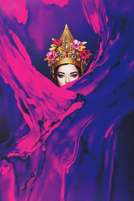chenu1 illustration.
A surreal and dramatic painting featuring a mysterious figure partially concealed by flowing, abstract fabric in vibrant shades of magenta, purple, and deep blue. The figure wears an ornate, golden headdress adorned with intricate floral details and jewels, evoking a regal or divine presence. The fabric swirls dynamically around the subject, creating a sense of movement and mystery. The composition has a painterly, expressive style with bold brushstrokes, blending abstract and figurative elements. The lighting highlights the figure's face subtly, with a focus on texture and contrast.
<lora:chenu2_poster_cap_d6a3:1.0><lora:822508880534747985:0>