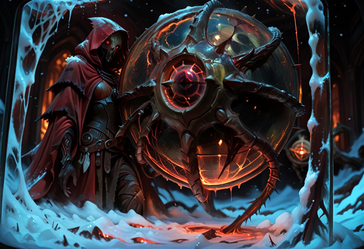 masterwork, masterpiece, best quality, detailed, depth of field, high detail, very aesthetic, sharp edges, precise, clear focus, highly detailed epic cinematic concept art, octane render, 3d shading, excellent composition, dynamic dramatic lighting, aesthetic, very inspirational, (Dreamlike surrealist painting:1.8),
(the world is burning (inside a glass sphere:1.9) :1.5), watched by a demon, surreal female demon, red eyes, swirling cloak turning into threatening clouds,
snow, glowing footprints, burning tears scorch the land, eldritch, horror, gdv2-illu