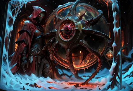 masterwork, masterpiece, best quality, detailed, depth of field, high detail, very aesthetic, sharp edges, precise, clear focus, highly detailed epic cinematic concept art, octane render, 3d shading, excellent composition, dynamic dramatic lighting, aesthetic, very inspirational, (Dreamlike surrealist painting:1.8),
(the world is burning (inside a glass sphere:1.9) :1.5), watched by a demon, surreal female demon, red eyes, swirling cloak turning into threatening clouds,
snow, glowing footprints, burning tears scorch the land, eldritch, horror, gdv2-illu