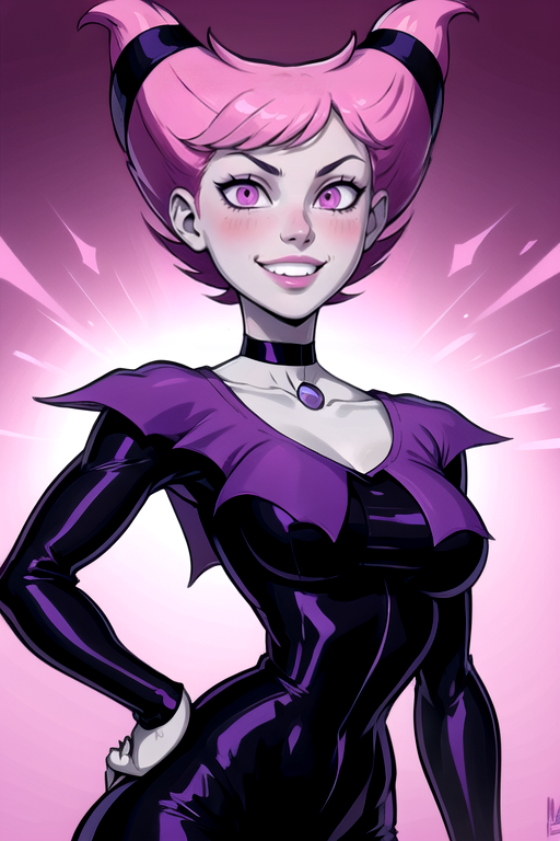 <lora:Jinx:0.8> JINXXX, 1girl, solo, breasts, looking at viewer, blush, smile, short hair, long sleeves, upper body, pink hair, teeth, choker, hand up, pink eyes, grin, hand on hip, colored skin, black choker, grey skin