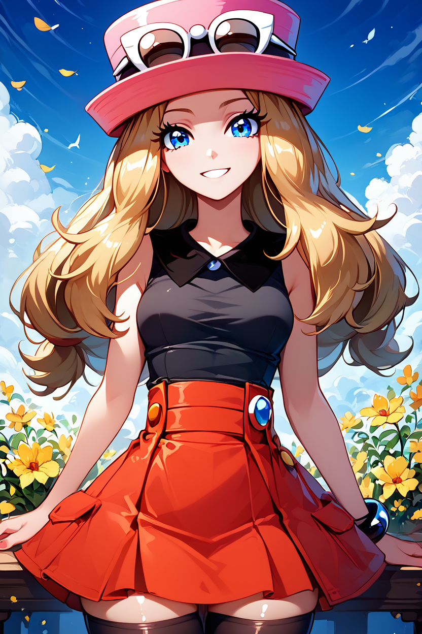 score_9, score_8_up, score_8, medium breasts, (curvy), cute, eyelashes,       BREAK, , BREAK, zzSerena, solo, long hair, blue eyes, eyewear on headwear, pink headwear, eyelashes, sleeveless shirt, black shirt, bracelet, high-waist skirt, red skirt, black thighhighs,<lora:SerenaPokemon_PDXL_r1:0.8>, ,,, shiny skin, <lora:ProAnime_PDXL_v1:0.8>, night garden, flowers, soft shadows, moonlight reflecting off skin, whisper of wind, ,,,, BREAK,  smile, looking at viewer, cowboy shot,  embedding:zPDXL, Expressiveh, <lora:SDXLFaeTastic2400:0.5>,  <lora:Expressive_H-000001:0.4>,